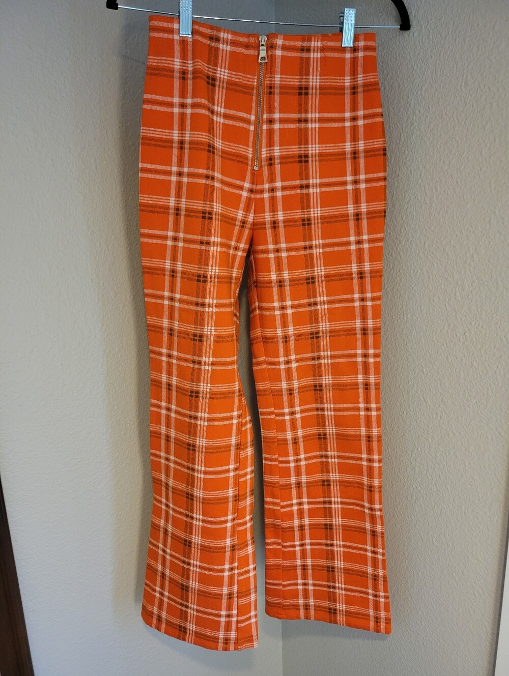 High-Waist Orange Plaid Flared Pants